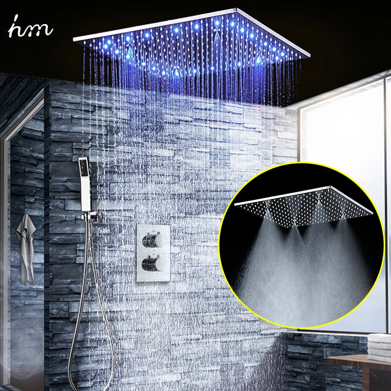 Conceal 3 Function Thermostat Bath Mixer Faucet Set Chrome Recessed Ceiling 20&quot Big LED Rainfall Head with Brass Hand Shower |
