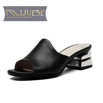 

MLJUESE 2018 women slippers Genuine leather slip on Black color peep toe high heels sandals women size 34-41