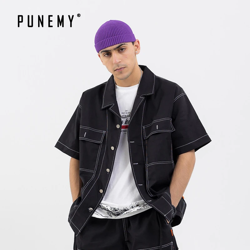 

Men Shirts Edit Line Patchwork Multi-pocket Cargo Safari Industrial Style Short Sleeve Hip Hop Streetwear Top Tee Male Shirts