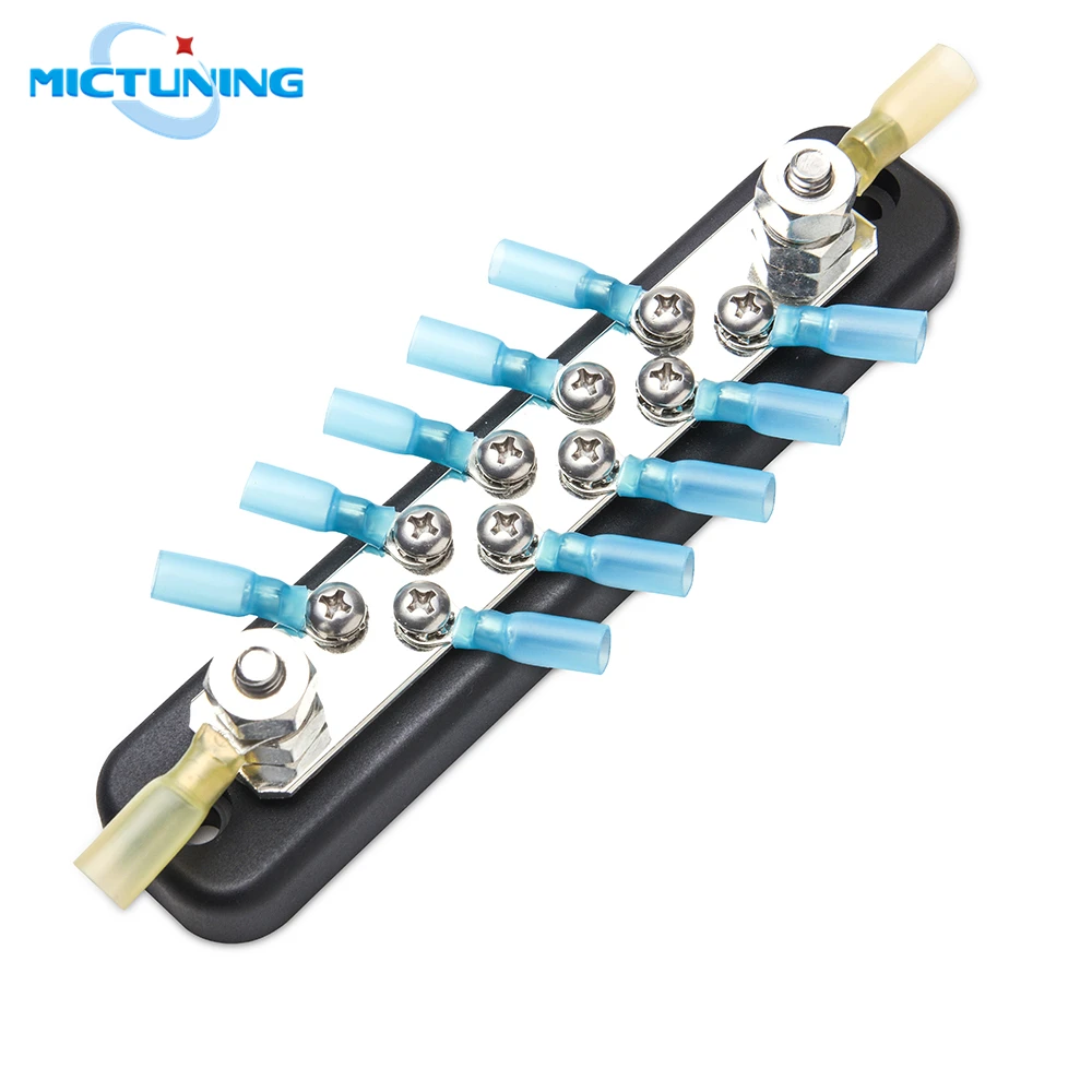 

MICTUNING 10 Terminal Bus Bar Kit 600V Bus Bar Ground Distribution Block with 10 Screws +2 Studs +12 Heat Shrink Rings Terminals