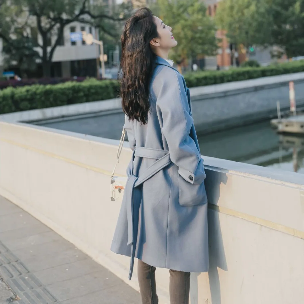 Laine Doux Féminin Mélange Bleu Solide Long Mode De D'hiver Turn Ceintures À Manteau down Taille Veste Collar Manteaux Et Large 00SwBCq