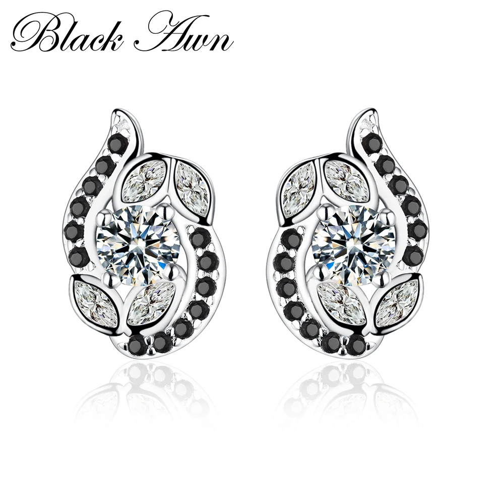 Женские серьги гвоздики с топазами BLACK AWN из 100% настоящего серебра 925 пробы черным