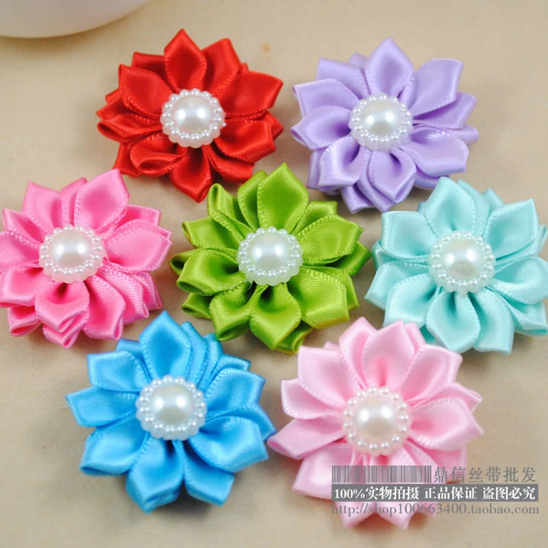 

New 10 Pieces/Bag Size 4cm Ribbon Rose Flower With Pearl Silk Flower Handmade DIY Wedding Bouquet Flower Hair Cloth Accessories