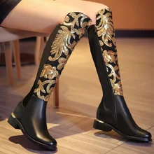 Casua 2017 autumn and winter new leather boots large size sequins metal decoration with women’s shoes in the high knights boots
