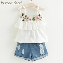 Humor Bear/ г. Новые летние модные стильные комплекты одежды для девочек Дизайнерская футболка с вышивкой+ джинсы, детская одежда комплекты детской одежды