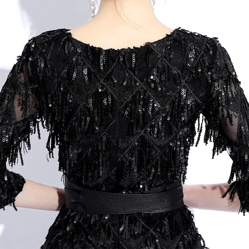 Weiyin Черное вечернее платье с О-образным вырезом и короткими рукавами, элегантное Бордовое платье с блестками, вечернее платье для выпускного вечера WY840