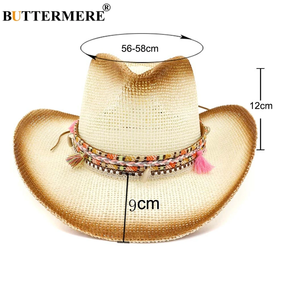 BUTTERMERE, пляжная шляпа с большими полями, женская соломенная шляпа цвета хаки, Женская Ковбойская шляпа с поясом и кисточками, классические женские летние ковбойские кепки с УФ-защитой для путешествий