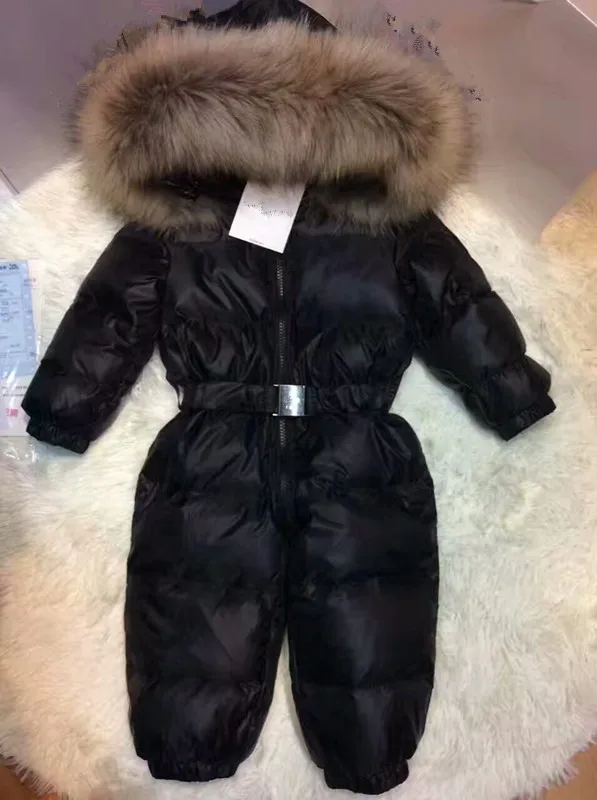 Зимняя куртка с капюшоном и натуральным мехом, детские куртки, детский комбинезон, зимний костюм, черный комбинезон с цветочным принтом для девочек