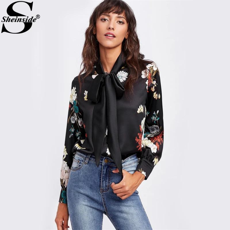 Sheinside Black Flower Print Self Tie Bow Satin Blouse Women Long