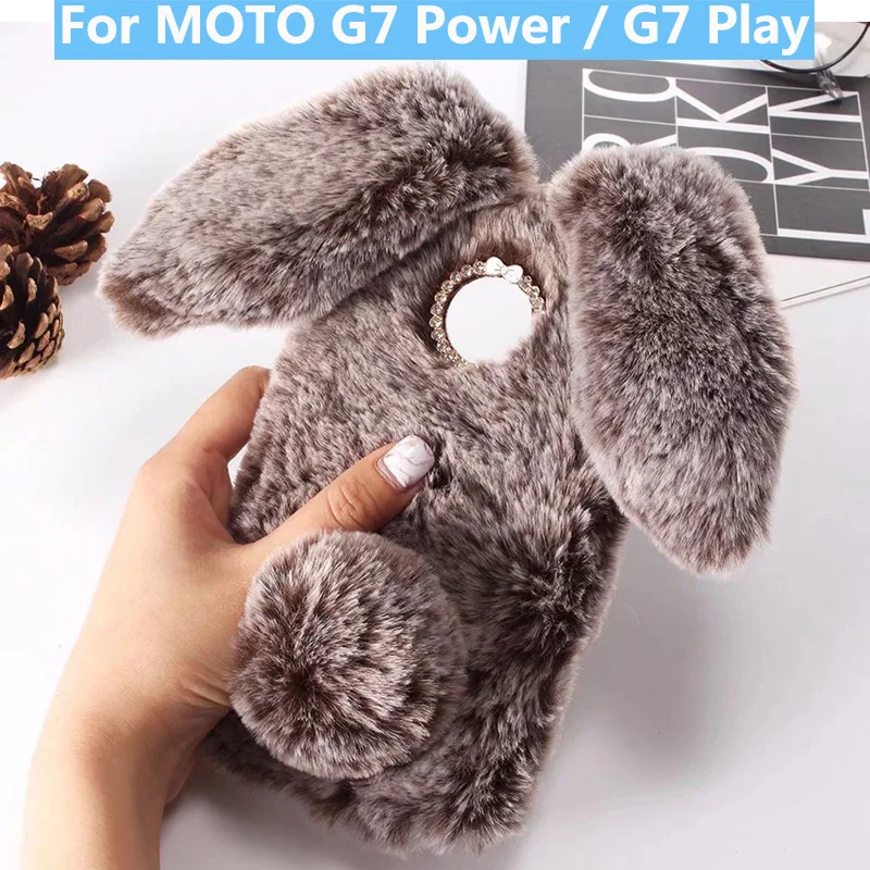 Плюшевый чехол с кроликом для Moto G7 Power мягкий меховой милый 3D кроличьими ушками из