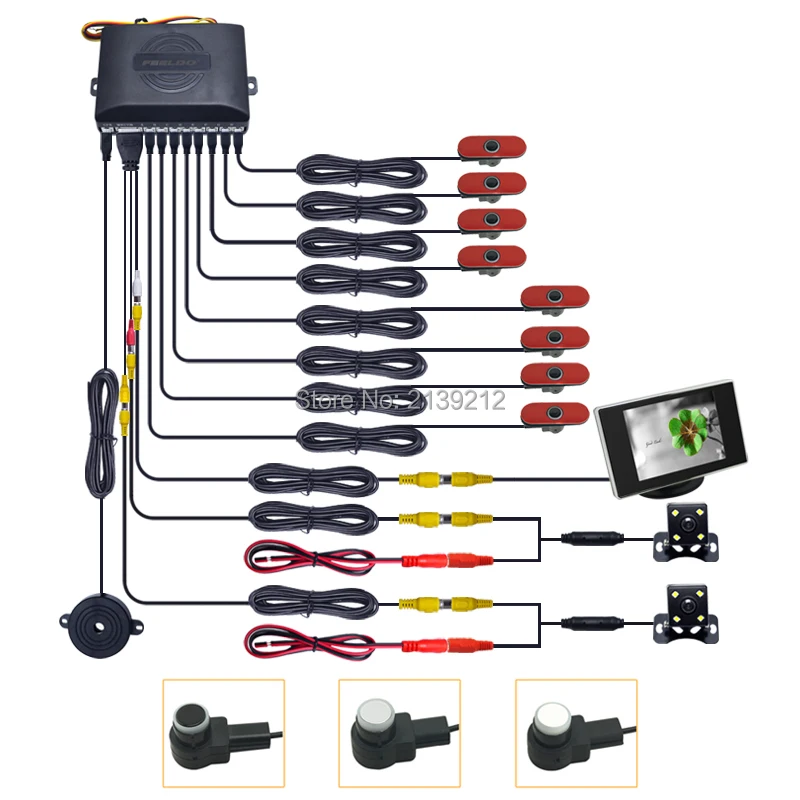 

FEELDO Car Original Style 16.5mm 8-Sensor + 4-LED CCD Camera + 3.5" Monitor Front&Rear Dual View Parking Sensor Rear View System