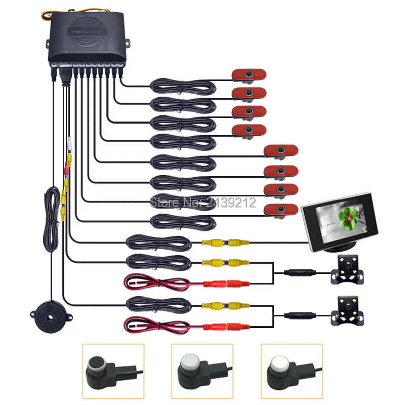 FEELDO автомобильный стиль 16,5 мм 8-sensor+ 4-светодиодный CCD камера+ 3," монитор спереди и сзади двойной датчик парковки система заднего вида