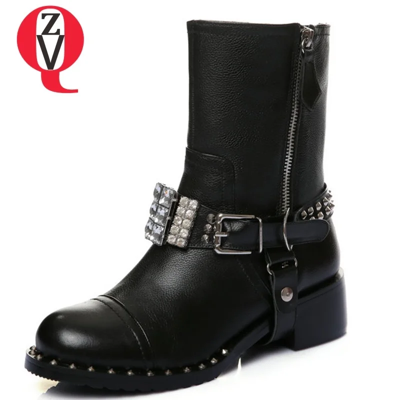 

ZVQ shoes women 2018 newest fashion crystal rivet zipper round toe med square heel black large size mid calf boots size 34-43