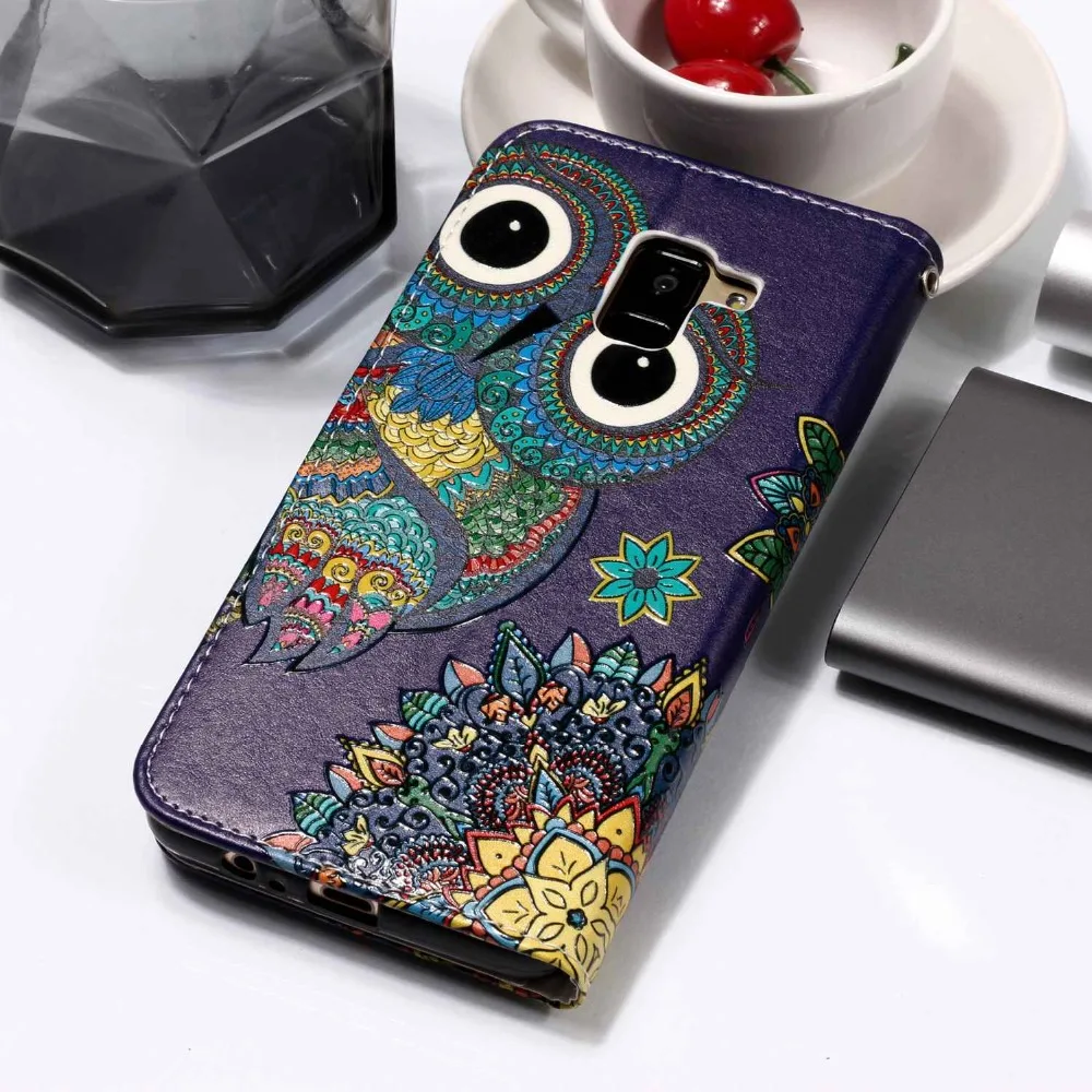 جلد الوجه حالة على ل Fundas سامسونج غالاكسي A8 2018 حالة سفور كوكه سامسونج A8 2018 زائد 3D الإغاثة محفظة غطاء جراب هاتف