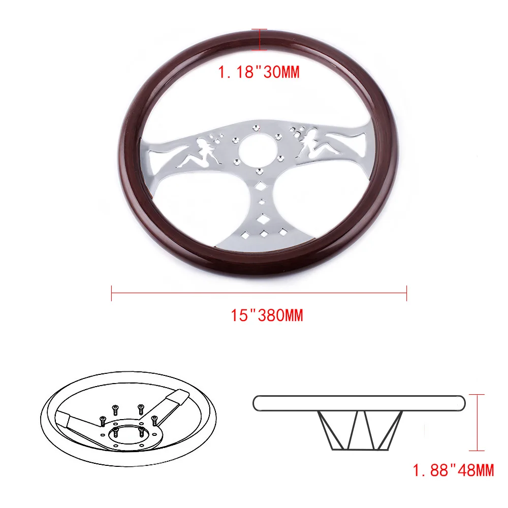 15 дюймов 380 мм рулевое колесо классическое Спортивное деревянное зернистое серебряное матовое спицевое хромированное рулевое колесо RS-STW015