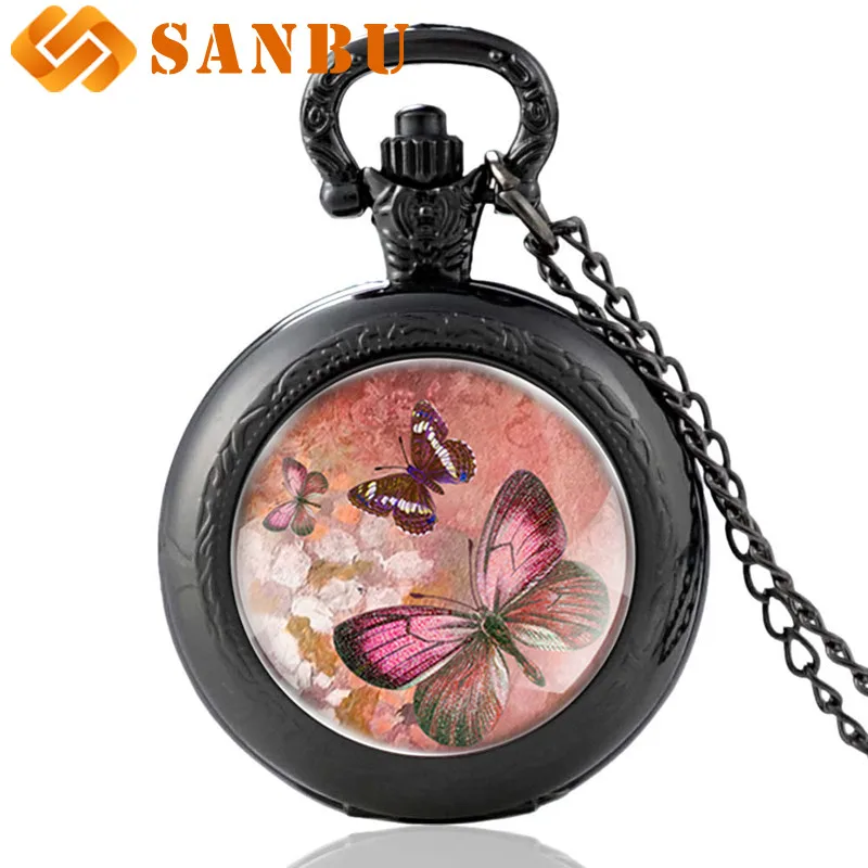 Красивый розовый ожерелье с бабочкой карманные часы Винтаж Для мужчин Для женщин антикварные ювелирные изделия Кварцевый Цепочки и
