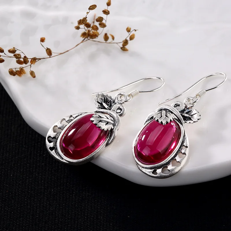 

New Fashion Silver S990 Silvery Leaf Mosaic Jade, Pomegranate Red Corundum Blue Sandst2018, Retro Matte Lady Earrings