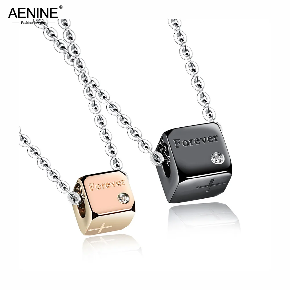 

AENINE Classic Mosaic Rhinestone Cube Couple Pendant Necklaces 316L Stainless Steel Rose Gold Color Women Fine Jewelry AOGX1064