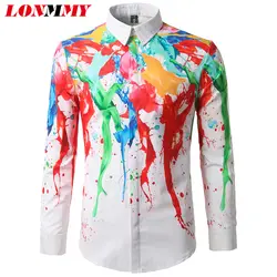 LONMMY Гавайские блузки мужские рубашки с длинным рукавом Повседневные slim fit Camisa Социальные masculina рубашки мужские платья Цвет чернил рубашка