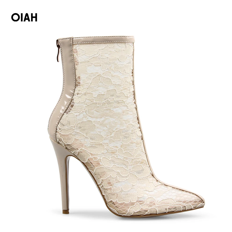 

Oiah Autumn Lace PVC Ankle Boots Thin Heels Boots Shoes Zip Rubber Super High Heeled Ankle Boots Pointed Toe Fashion Boots Shoes