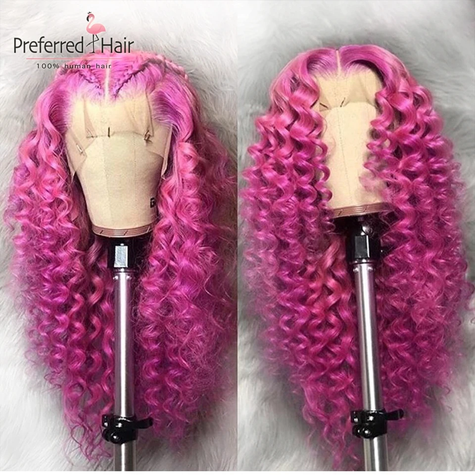Предпочтительный 13x6 парик на кружеве бразильский Remy Предварительно выщипанные вьющиеся человеческие волосы парик ярко-розовый цвет прозрачные парики на шнурке для женщин