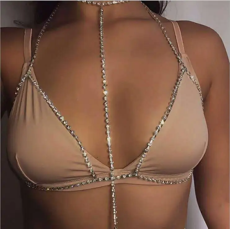 

2018 Bikini Body Chain Exclusive Heavy Custom Summer Sexy Style Metal Body Chain Breast Bra Hollow Statement Choker Collars