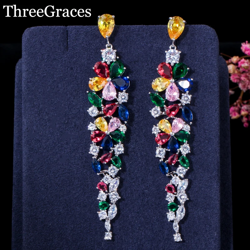 

ThreeGraces Elegant Multi Color Cubic Zirconia Sterling Silver Flower Shaped Long Drop Wedding Earrings Jewelry for Women ER030