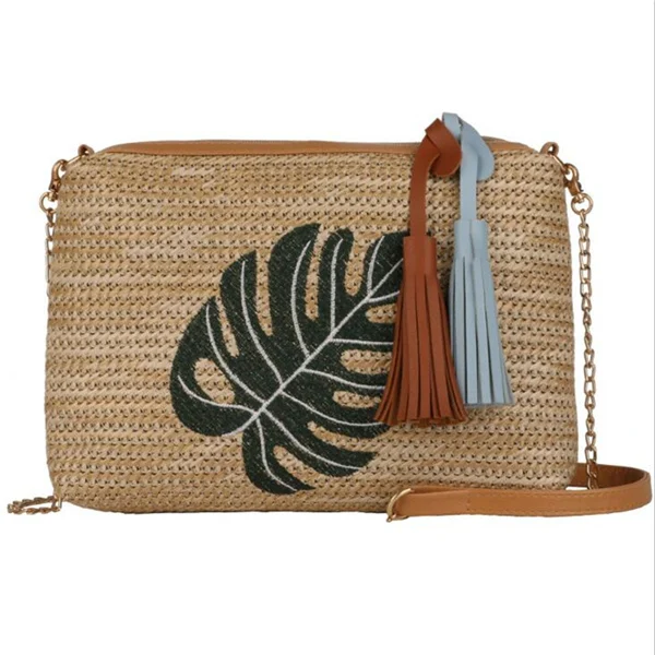Модная вышитая Женская Плетеный соломенный мешок, повседневные сумки через плечо, сумки с кисточками для девушек, Дамская дорожная сумка через плечо - Цвет: leaf