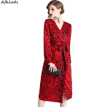 

Runway sexy Vintage style ladies red lantern sleeves V-neck leopard print high waist party club midi vestidos dress with belt
