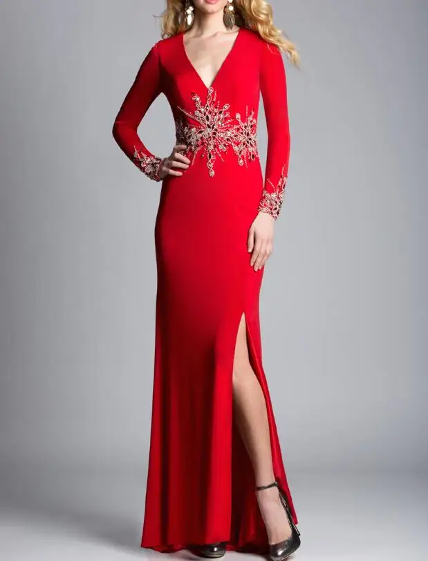 

Long Sleeve High Slit Long Red Chiffon Evening Party Dress with Rhinestones See Through Formal Gown abendkleider robe de soiree
