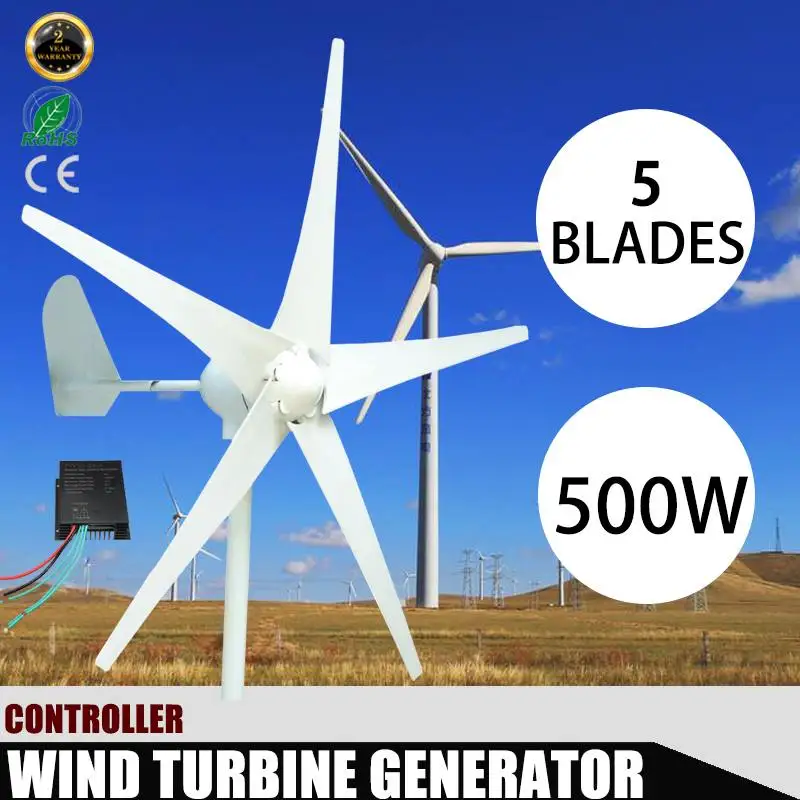

500W 12 V 48 Volt 5 Nylon Fiber Blades Horizontal Wind Turbines Generator Power Windmill Energy with DC Charge Controller Home