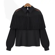 New Fashion Women Elegant Loose Long Sleeve See Through Mesh Patchwork Tops Shirt Ruffles Casual Chiffon Solid Shirt Blouses