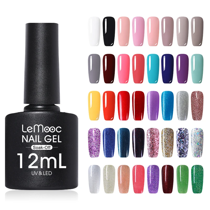  LEMOOC 12ml Colorful Gel Polish Glitter Sequins Red Grey Black Colors Soak Off UV LED Gel Varnish L