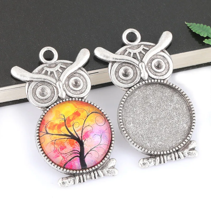 

20mm internal size zinc alloy silver owl necklace 5pcs /lot embossed table convex round base tray border blank pendant jewelry