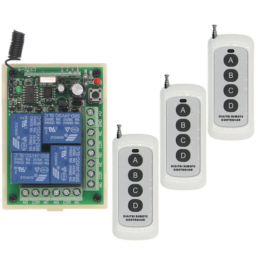 

500M Long Distance DC 12V 24V 4 CH 4CH RF Wireless Remote Control Switch System,3 X Transmitter + Receiver,315/433 MHz