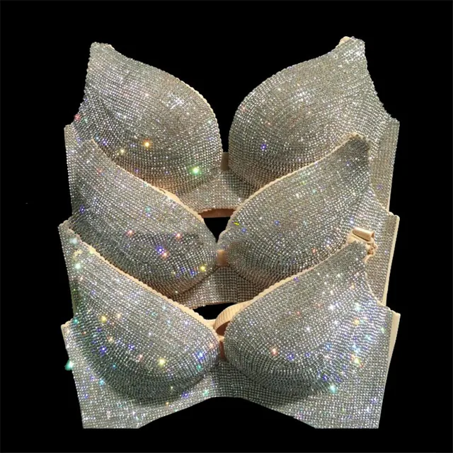 FestivalQueen High Quality Rhinestone Bra Two Pieces Set Women Luxury Sexy  Handmade Padded Bra Sets Gold Silver