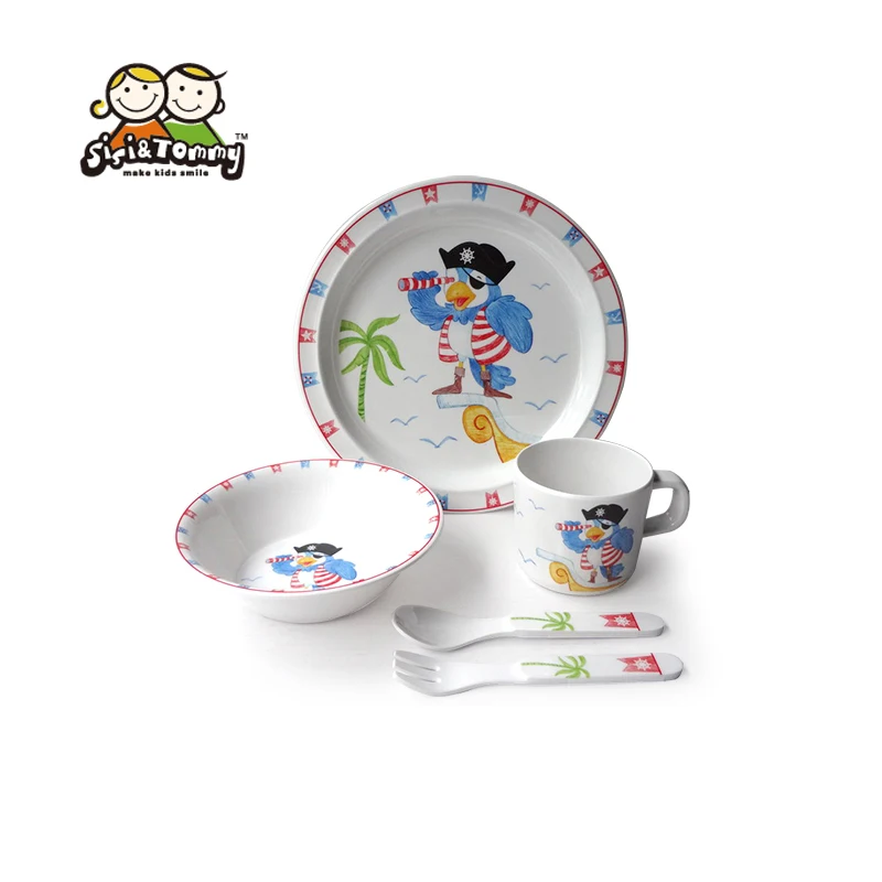Set of 5 Melamine Dinnerware For Kids Toddler Including Plate Bowl Sippy Cup Utensils Gift Box