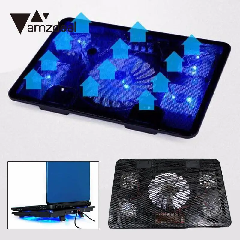 

amzdeal Laptop Notebook 5 Cooling Fans Pad 2 USB Cooler Pad Base LED Light Laptop Cooling Fan For Notebook Laptop PC