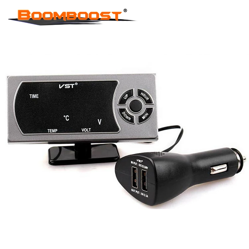 

Cigarette Lighter Adapter clock voltmeter thermometer temperature LED screen display 4 in 1 2.1A dual USB car charger