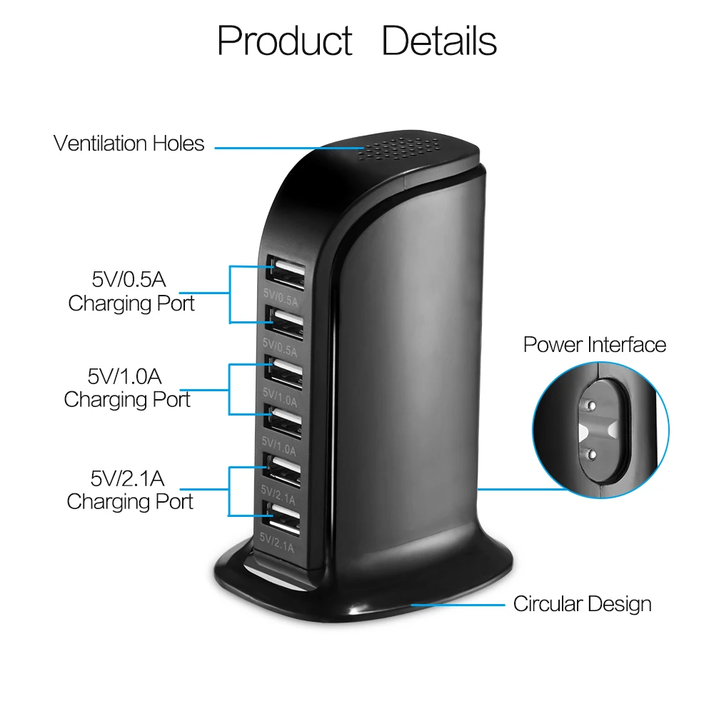 6 USB телефон зарядное устройство станция выход 6A USB телефон зарядное устройство hubнастольный дорожный разъем адаптер питания для iphone 8 x xs xr samsung