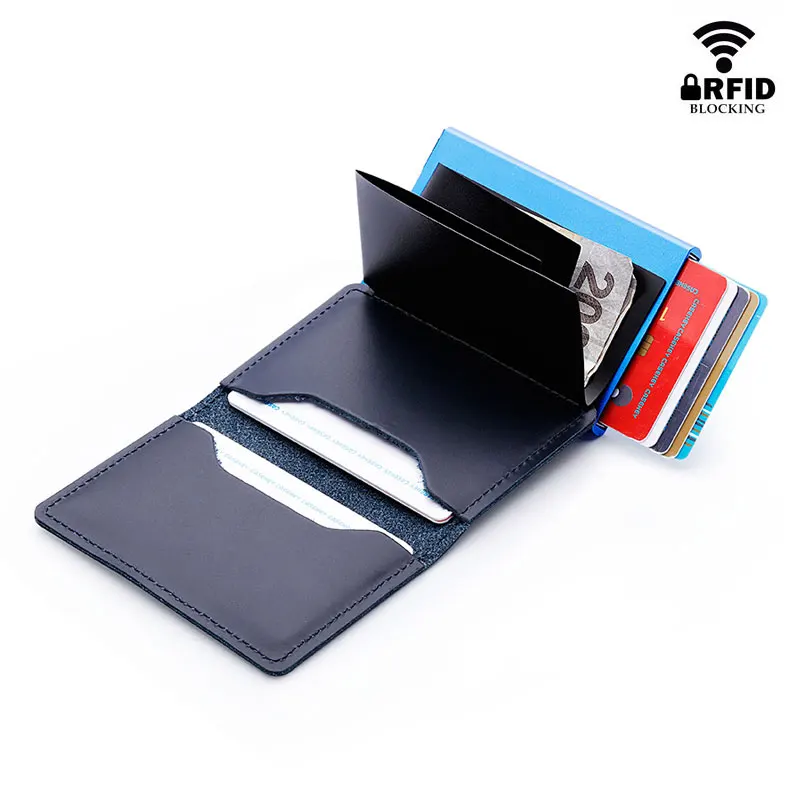 RFID حجب 100% جلد طبيعي حامل بطاقة الائتمان معدن الألمنيوم الشركة ID حامل بطاقة ضئيلة حالة مصغرة محفظة للرجال