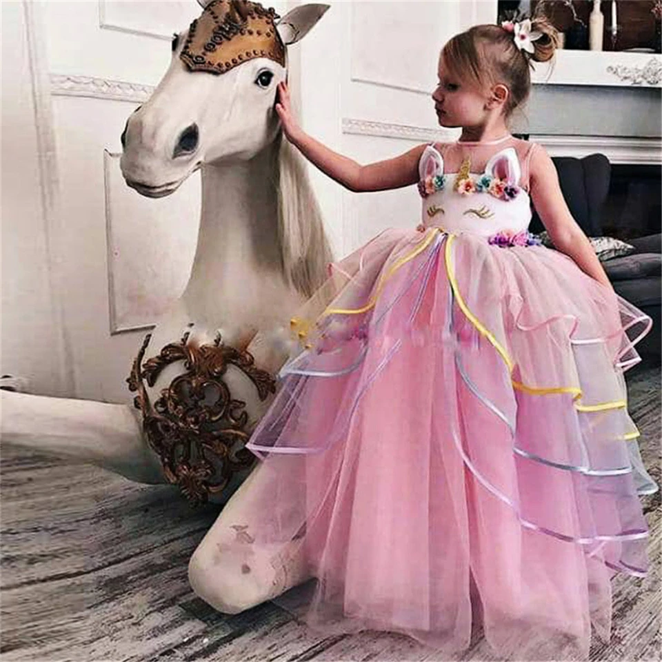 Детское платье с единорогом; детское кружевное платье без рукавов с цветочным рисунком; длинное вечернее платье с единорогом для девочек; Радужное пушистое Многоярусное длинное вечернее платье на выпускной; цвет розовый