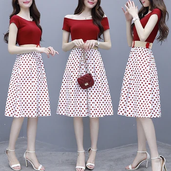 

Loose Chic New Elegant High Waist Two Piece Set Fashion Slash Neck Off Shoulder Women Clothes Dot Korean Damen Zweiteiler