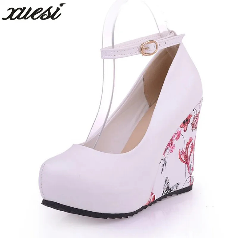 

XUESI Fashion Women Pumps 2018 High Heels Wedges Platform Summer Pumps For Women Elegant Flower Print Wedge Wedding Shoes 34-43
