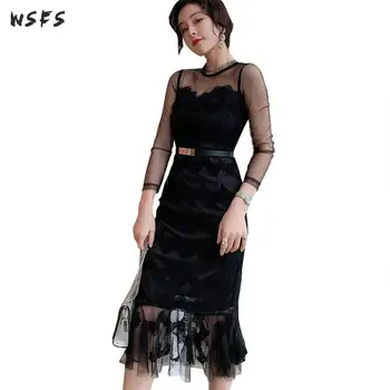 

Summer Dresses Oneck Mesh Long Sleeve Black Dress Womens Vintage Bandage Bodycon Lace Sexy Party Ladies Midi Wrap Mermaid Dress