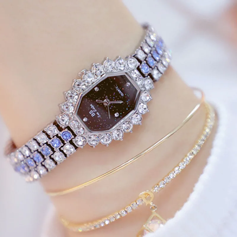 

Ladies Custom No Digital Rhinestone Scale Blue Green Rose Color Watch Gift Fashion&Casual New Hot Sale Polygon Watch Chain Watch