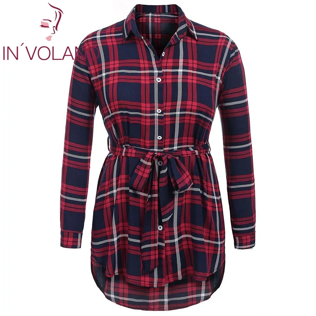 IN'VOLAND, женская блузка, Blusas, топы размера плюс XL-5XL, осенне-весенние пуловеры в клетку, на пуговицах, свободная рубашка, топы с поясом, больше размера d