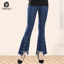 AOFULI стильные Асимметричные женские джинсы длинные джинсовые брюки на молнии карманы длинные клеши L-XXXL 4XL 5XL A3772