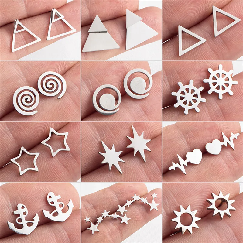 Fashion Small Gold Silver Color Star Sun Rudder Round Triangle Geometric Anchor Heartbeat Stud Earrings Women Girlfriend Gifts
