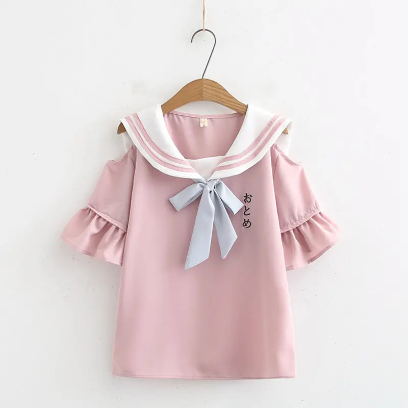 

Sweet Candy Color Girls Off Shoulder Tops Harajuku Sailor Collar Bowknot Kawaii T Shirt Chiffon T-shirts Student Junior Shirts T